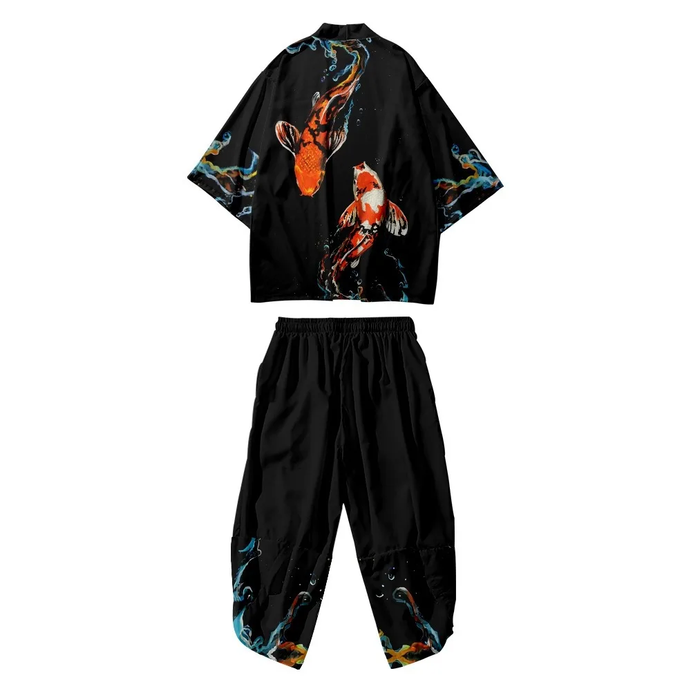 

Chinese Cartoon Carp Printed Black Kimono Cropped Pants Set Women Men Japanese Haori Asian Streetwear Cardigan Yukata Cosplay