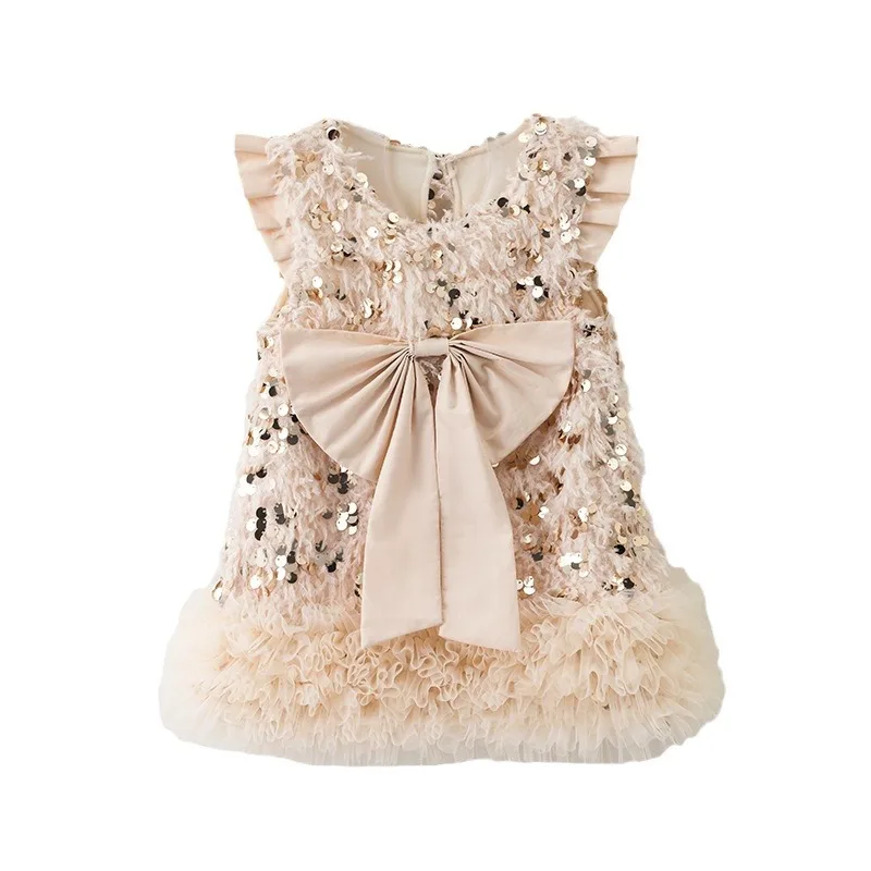 Princess Baby Girls TUTU Dress Kids Children Vest Dress Big Bow Sequins Sleevess Formal Dress Spring Autumn Girl Party Clothes