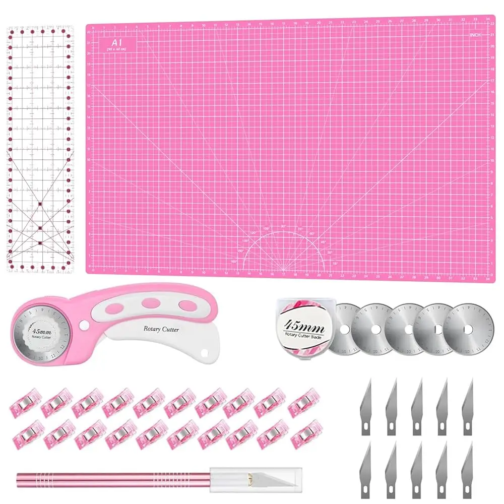 

Rotary Cutter Set Pink- Quilting Kit incl. 45mm Fabric Cutter, 5 Replacement Blades, A1 Cutting Mat, Acrylic Quilting Ruler a