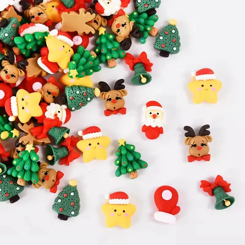 20-80Pcs New Cute Mini Cartoon Christmas Series Resin Figurine Crafts Flatback Ornament Jewelry Making Hairwear Accessorie