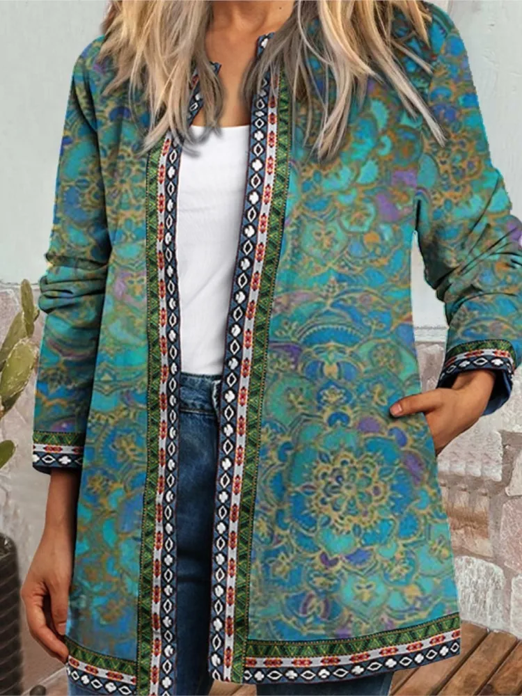 Autumn Winter Fashion Colorful Boho Floral Print Open Front Cardigan Casual Loose Long Sleeve Lightweight Jacket With Pockets