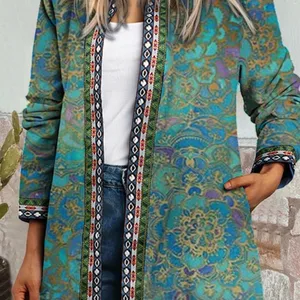 Herbst Winterfarbe Fashion Boho Blumendruck Offene vordere lässige lässige lockere Langarmjacke mit langem Ärmel 10 Hauptverkaufsmantel Major Early Floral - №3