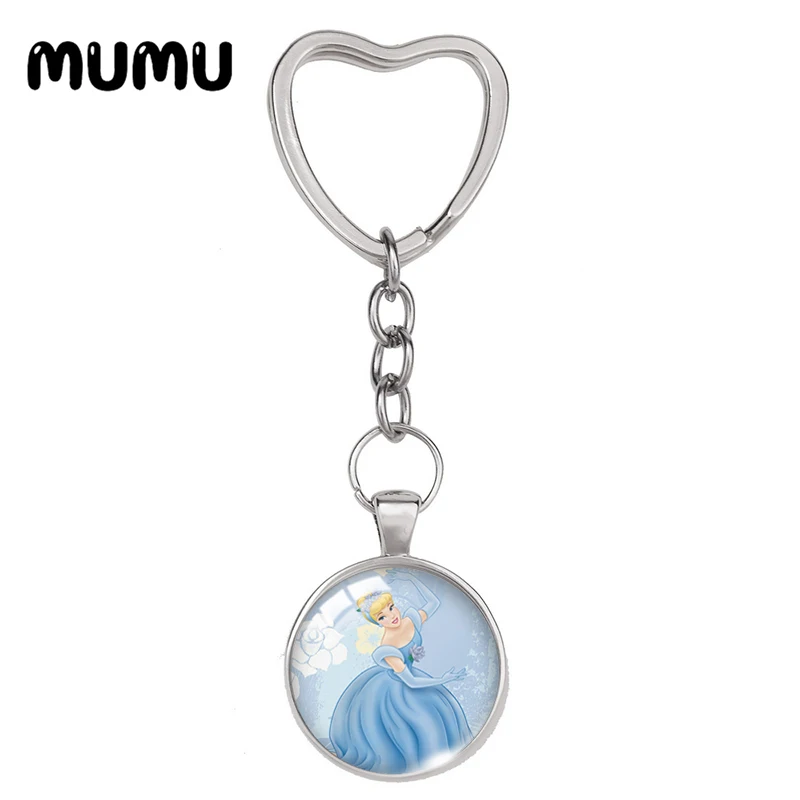 2024 New Cinderella Heart Keyring Princess Keychain Glass Dome Cabochon Jewelry Gifts Children