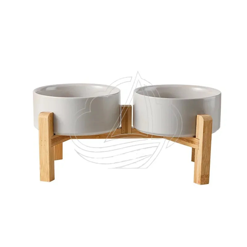 Elevated Ceramic Raised Pet Bowl Non-Slip Bamboo Stand Double Feeding Bowl for Cats Dogs