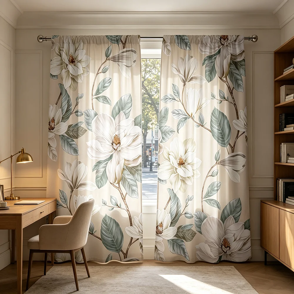 2PCS Magnolia Branch Curtains, Elegant Floral Print, Botanical Window Drapes for Living Room Bedroom Home Decor