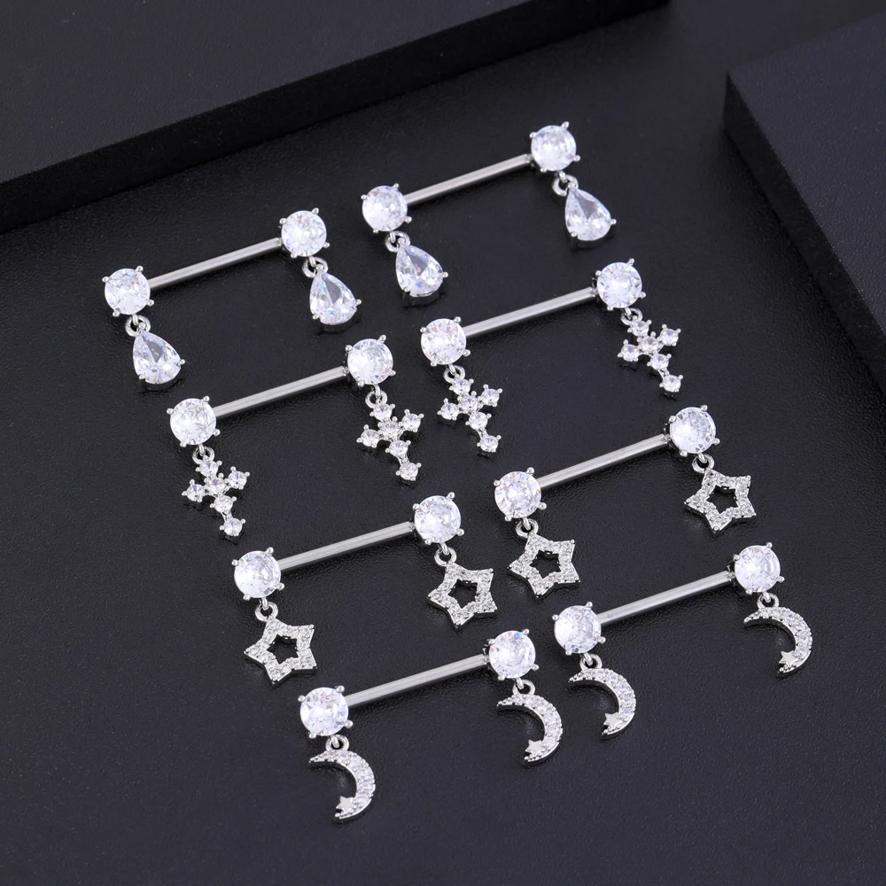 2pcs Cross Star Zircon Dangled Shield Bar Nipple Rings for Women 14G Surgical Steel Cute Cat Lizard Maple Leaves Nipple Piercing