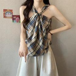 Women Summer Vintage Fashion Plaid Temperament Cotton All-match Camisole Women Clothes Knitting Appear Thin Fashionable Tops