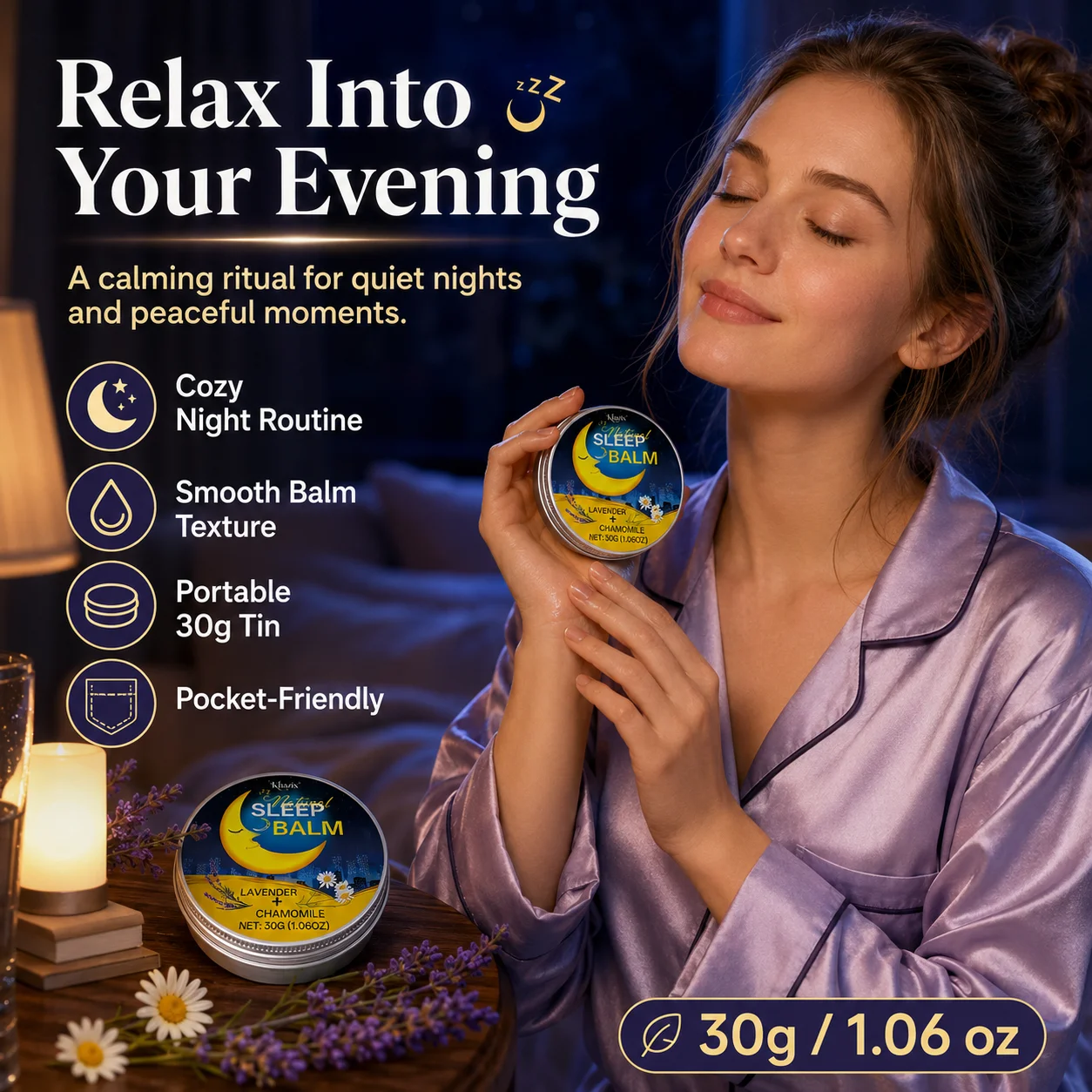 30g Sleep Balm Lavender Chamomile Nighttime Balm Calming Aroma Smooth Skin Friendly Pocket Size for Bedtime Routine Travel