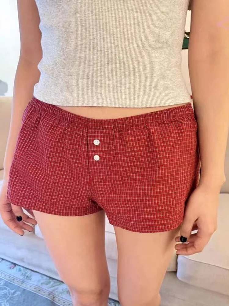 

Red Plaid Home Shorts For Women 2024 Summer Ladies Buttons Elastic High Waist Cotton Short Pant Casual Vintage Sweet Shorts