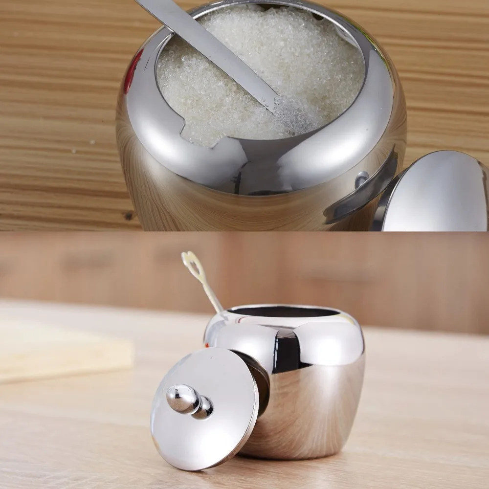 

304 Stainless Steel Sugar Bowl Apple Shape Design with Lid and Spoon Spice Bowl Polished Bright Modern Condiment Container