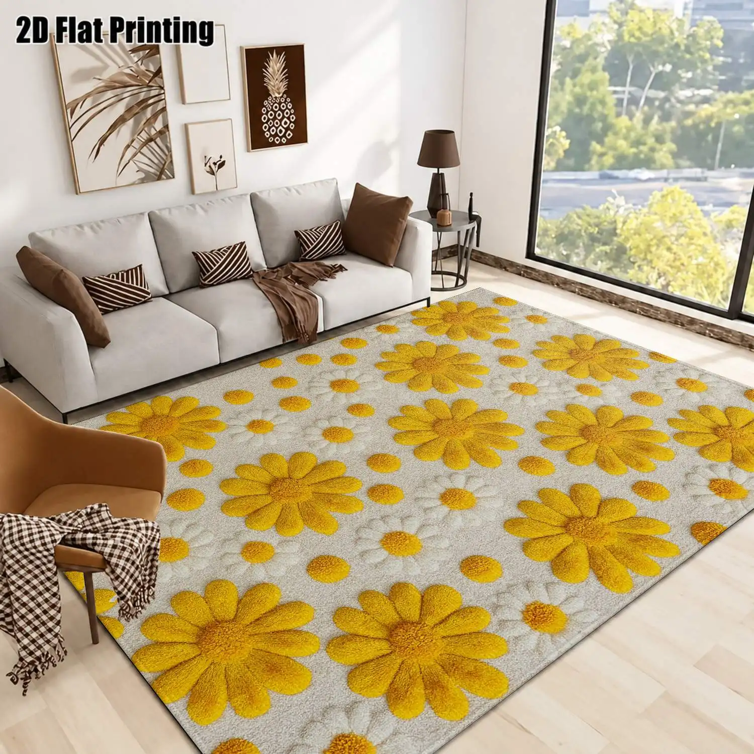 1Pc 2D Printed Yellow Daisy Nordic-Style Carpet, Instagram-Inspired Modern Minimalist Floor Mat, Machine Washable, Multi-Size, Ideal for Home Decor: Entryway, Dining Room, Foyer, Bedroom, Study, Living Room