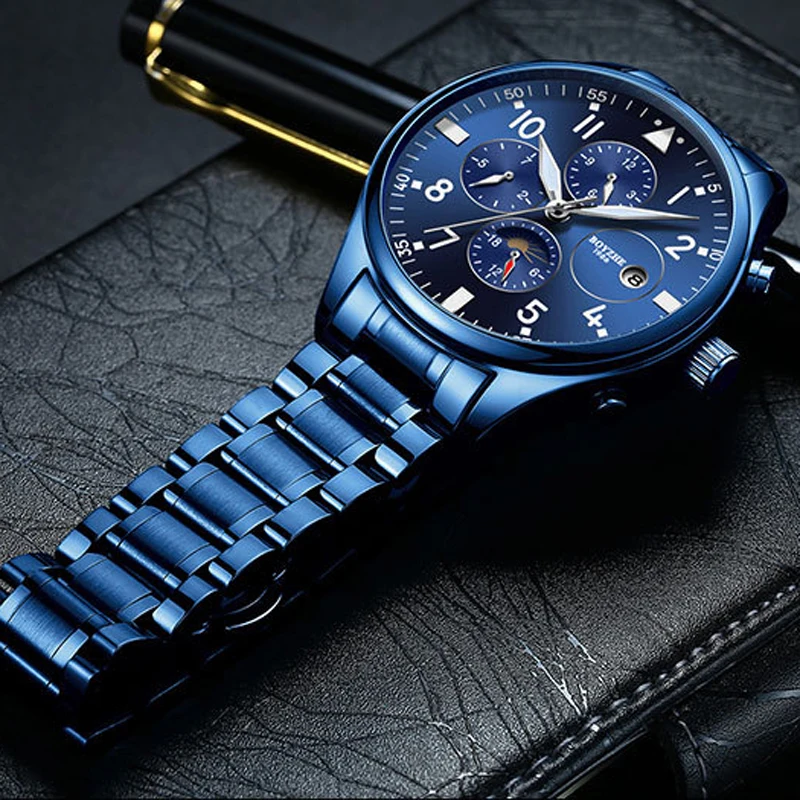 

Luxury Brand BOYZHE New Stainless Steel Mechanical Watch Men Waterproof Luminous Moon Phase Week Date Automatic Watches Mens