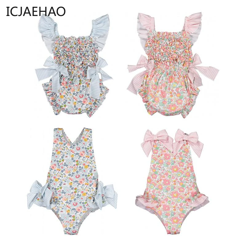 

ICJAEHAO Girls Swimwear Blue Pink Floral Print Cute Bow One Piece Suspender Swimsuit Fashion Children Beach Clothe babys clothes