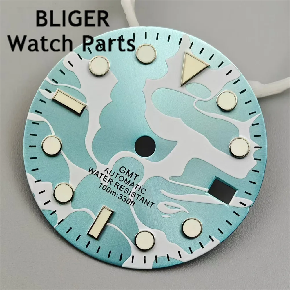 BLIGER jam tangan 29mm NH34 Dial biru langit dengan Set tangan hijau bercahaya cocok untuk bagian pengganti jam tangan gerakan NH34