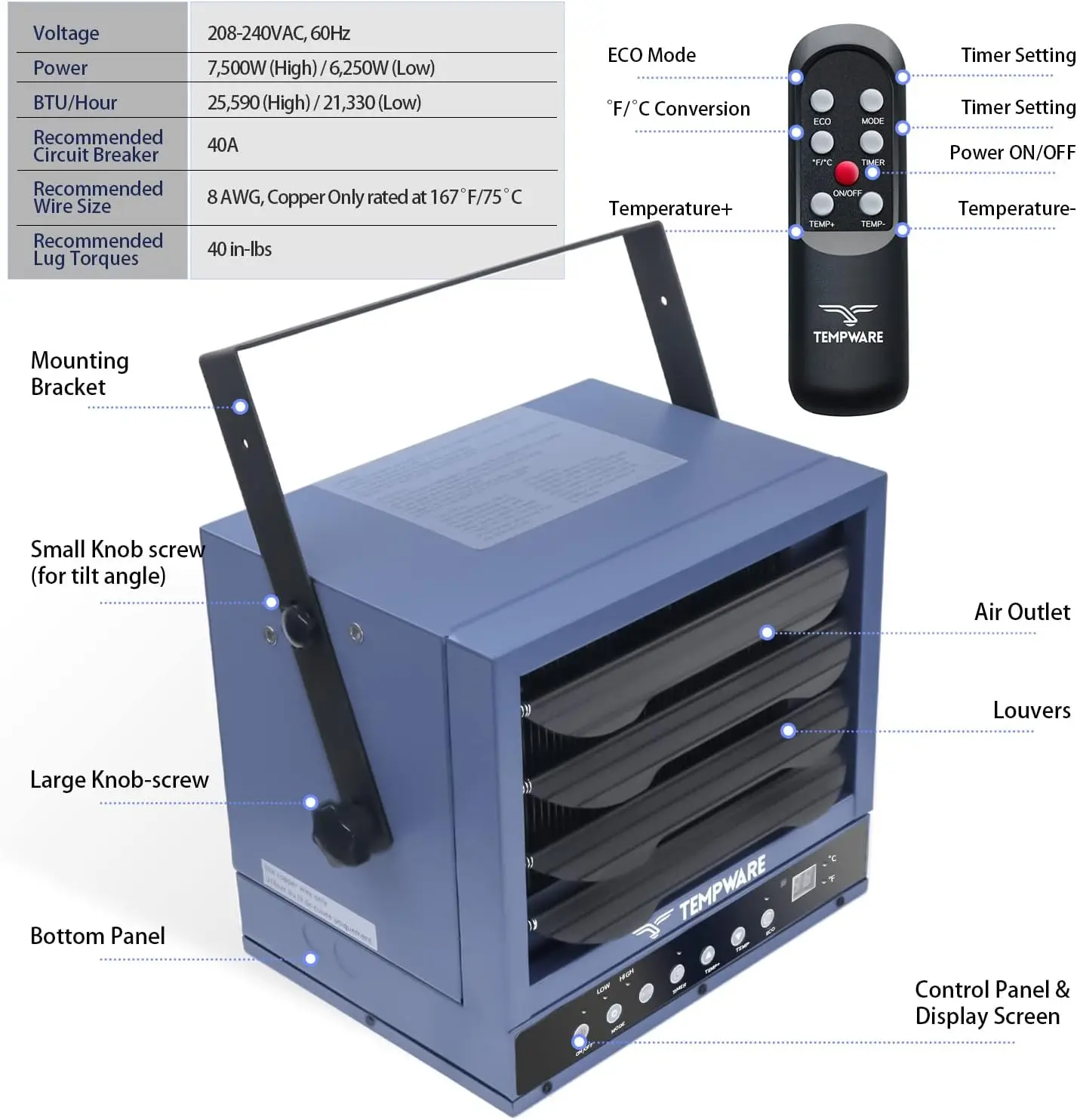 Riscaldatore elettrico per Garage, ventilatore digitale da 7500 Watt-riscaldatore per negozio con montaggio a soffitto forzato con telecomando a piena funzione,