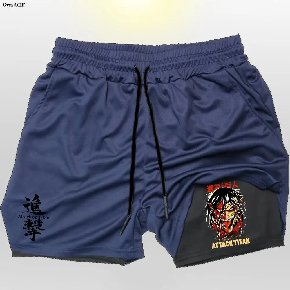 Men Running Shorts 2 In 1 Double Deck Quick Dry Gym Sportswear Fitness Workout Training Male Short Pants Anime Attack On Titan