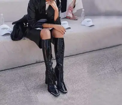 

Hot Woman Black White Patent Leather Square Metal Toe 7 9 CM Block Heel Slim Knee High Boots Female Street High Heel Long Boots