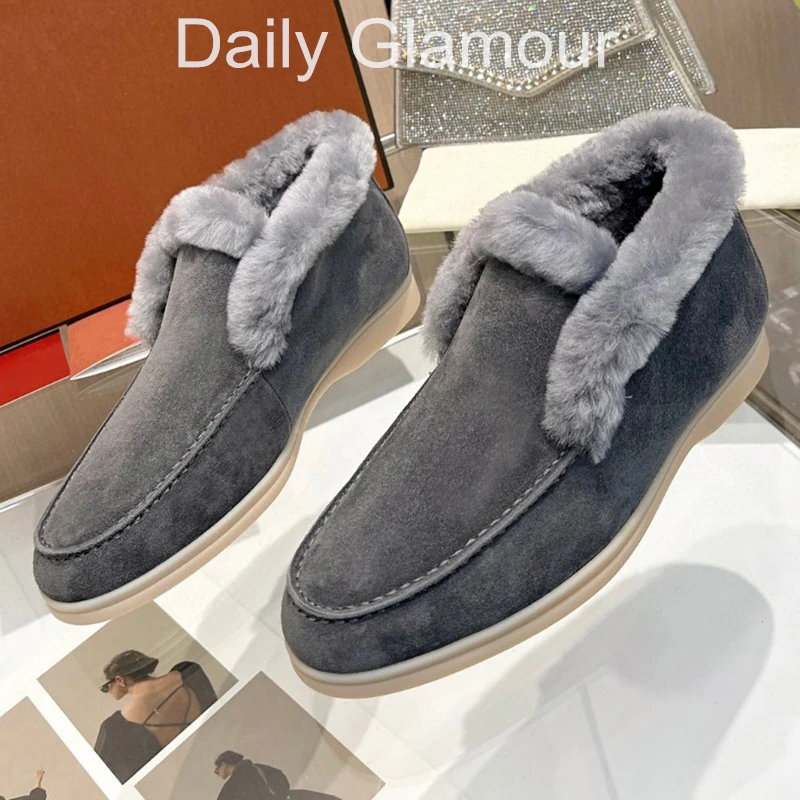 Men New Concise Winter Short Boots Real Suede Loafers Plush Warm Slip On Oxfords Casual Flats Male Comfortable Wool Ankle Boots