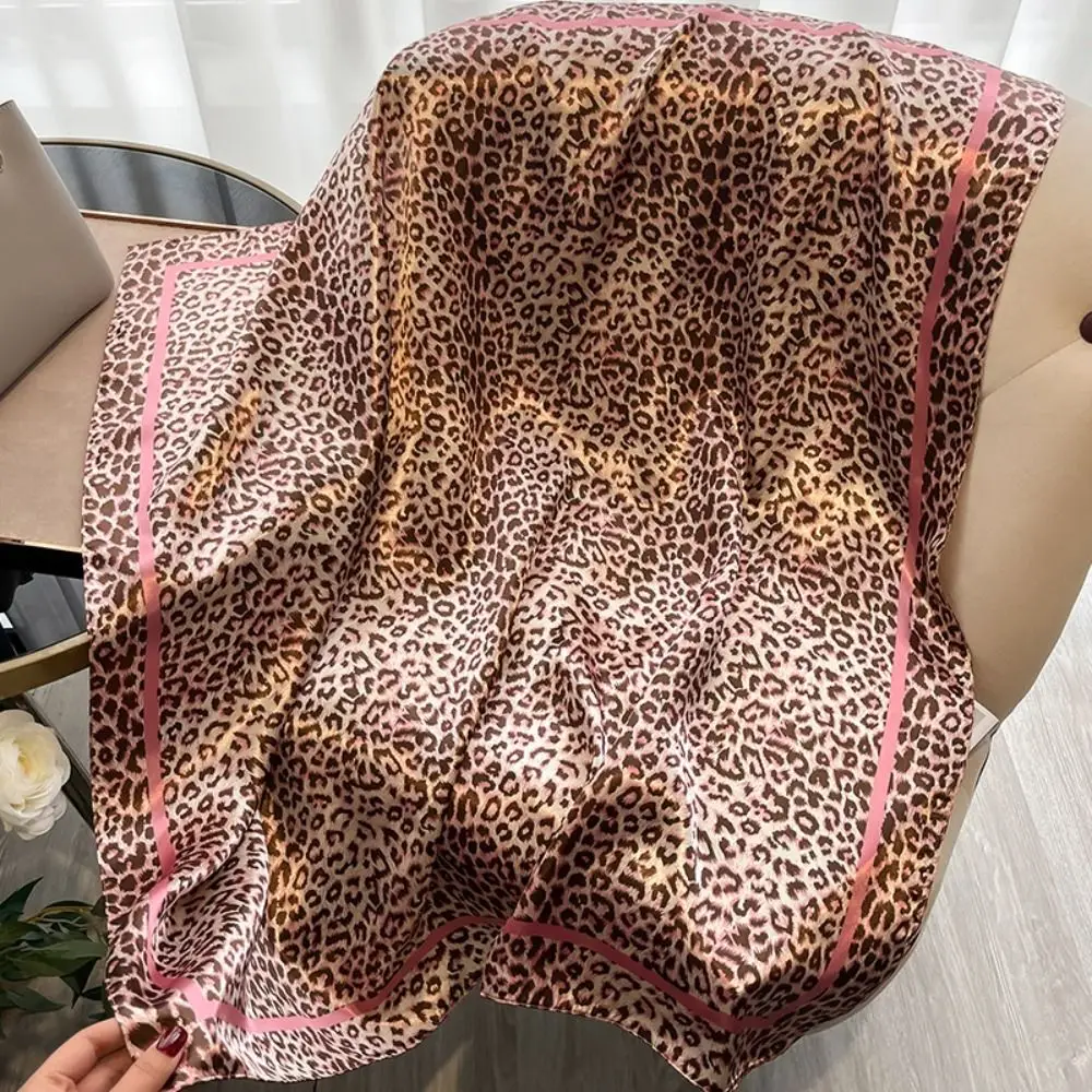 Elegant 90cm Women Square Scarf Leopard Print Large Hijab Lady Hair Shawl Wrap Satin Bandana Neck Foulard Female Neckerchief
