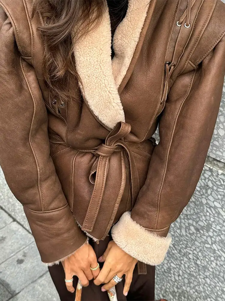 Women Retro Fur Collar With Belt Short Leather Jacket Chic Long Sleeve Zipper Warm Splicing Coat 2024 Fall Lady High Streetwear