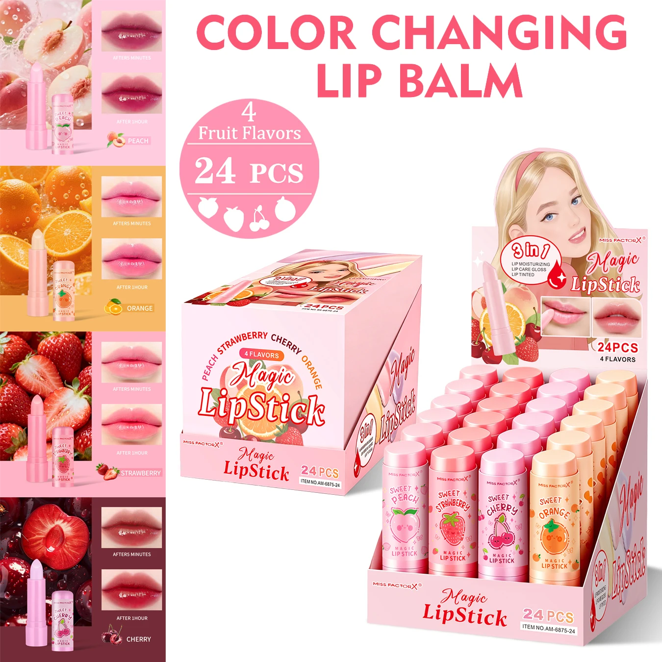 24Pcs Four Flavors Fruit Lip Balm Box, All-Day Moisturizing Repair Cracked Lips, Holiday Lip Care Gift Set