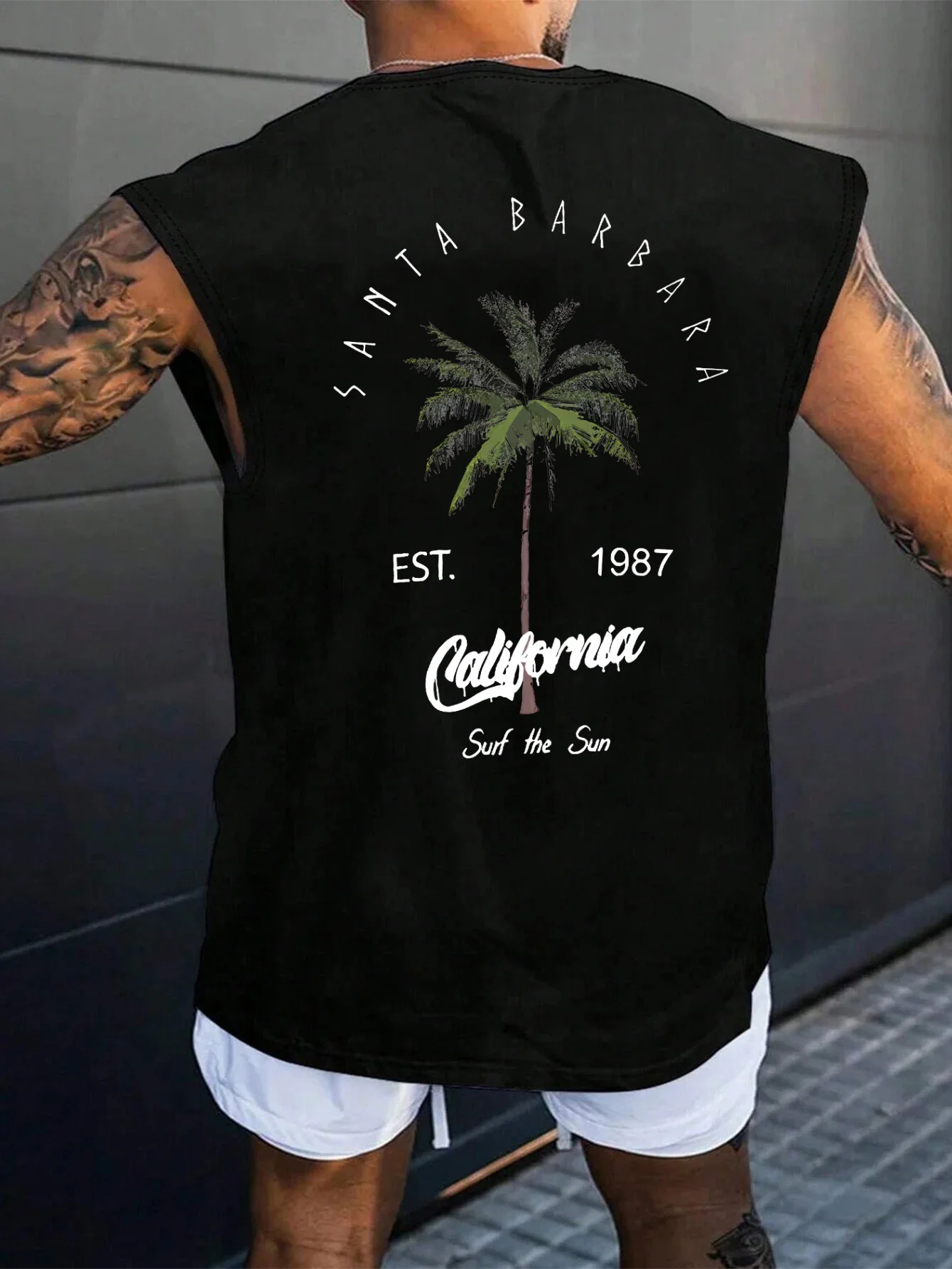 

Men's summer fashion casual sports loose coconut tree pattern print comfortable and breathable round neck sleeveless vest