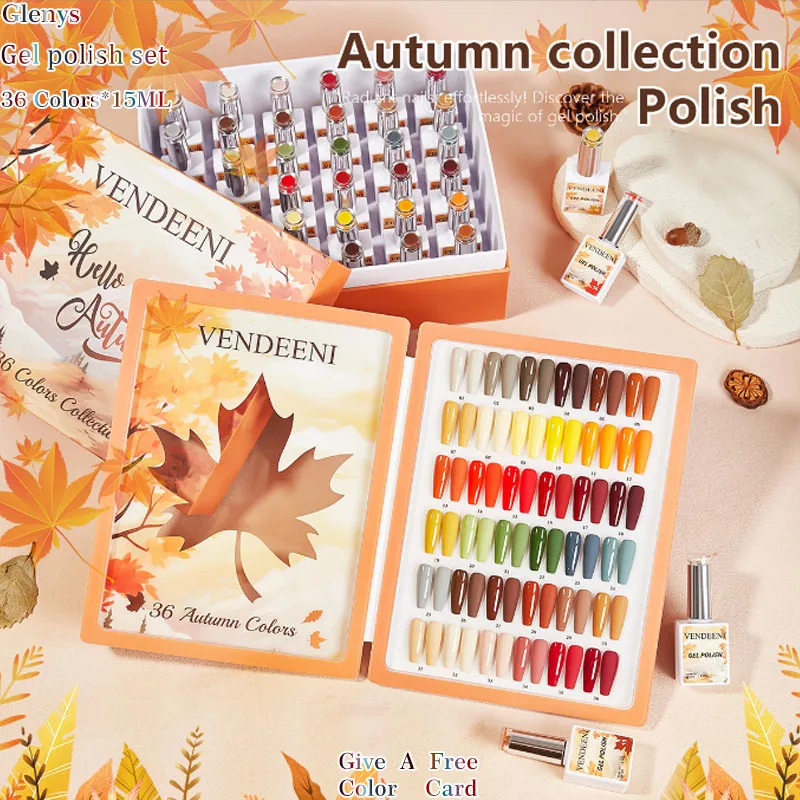Glenys 36 color nail polish glue popular semi permanent immersion gel color card UV LED nail salon art varnish set 15ml
