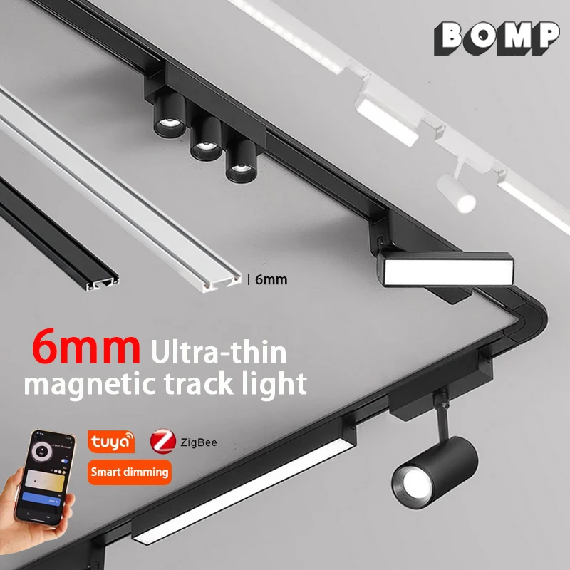 6MM Smart Tuya Zigbee Magnetic Track Light Dimmable 48V Ultra Thin Rail Surface Mount System Black White Slim Magnet Track Lamp