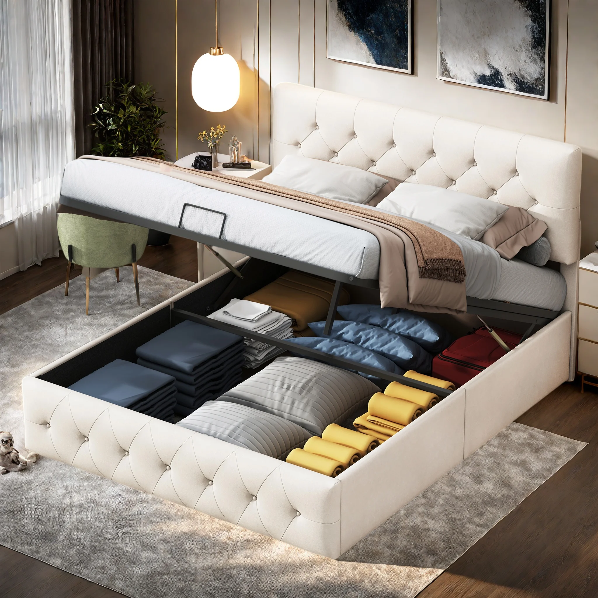 Rosahqnda Lit capitonné avec cadre de lit double, lit élévateur avec grand espace de rangement, beige, tissu velours, sans matelas