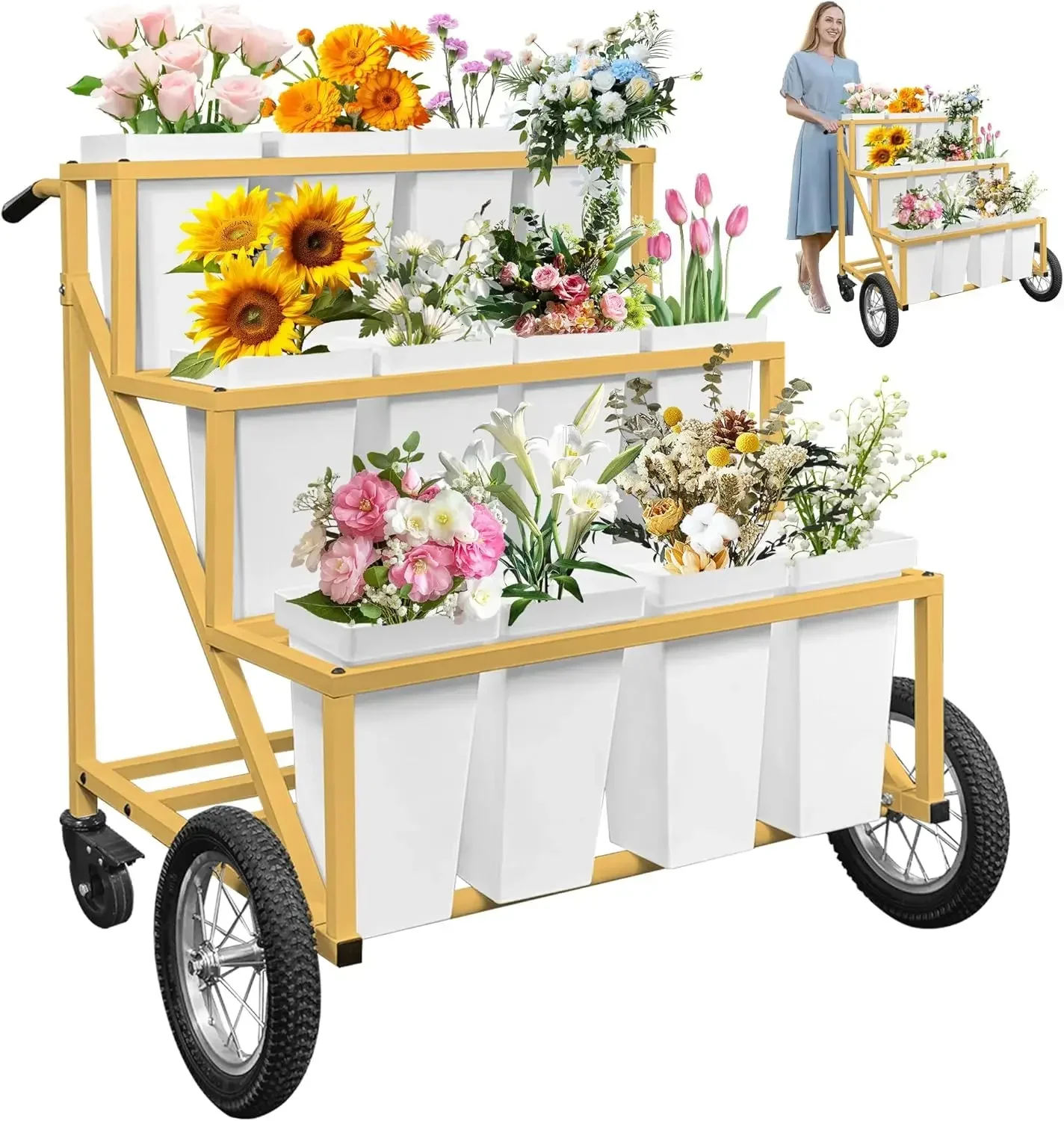 Stand, Flower Cart with 12 Buckets, Display Stand with Large Wheels, Cart, Moving Florist Bouquet Shelf (Go