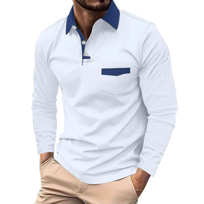 Men New Spring Autumn Fashion Long Sleeve Lapel Polo Shirt Big Pocket Stitching Sport Tops Polo Shirt