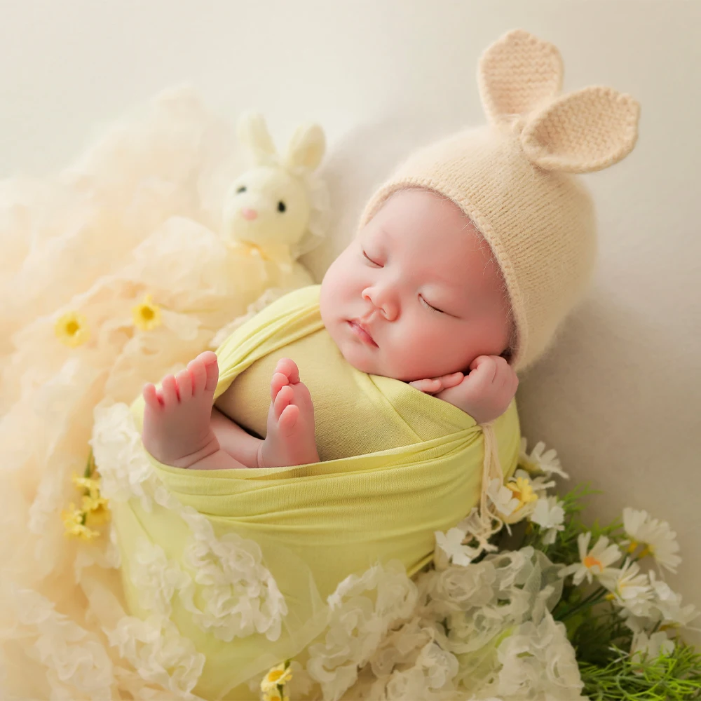 Couverture en dentelle florale avec oreilles de lapin, emmaillotage Pro rond, accessoires de photographie, enveloppes commandées en coton, chapeau pour studio photo de bébé