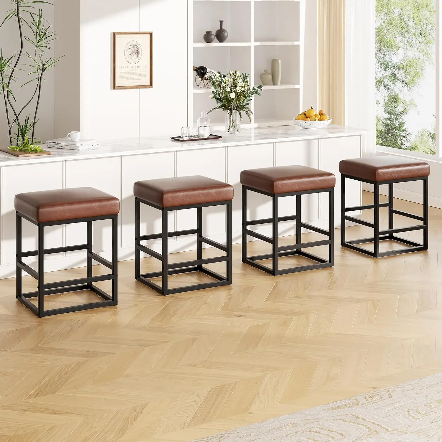 24in Counter Height Bar Stools 4-Pack, Faux Leather Square Seat & Metal Base, Kitchen Island Barstools, Brown, Customized