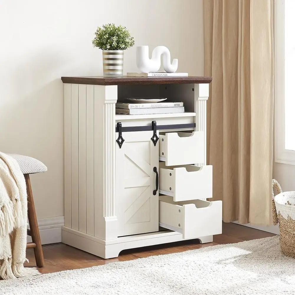 Rustic Antique White Farmhouse Sliding Door Storage Cabinet for Bathroom, Kitchen, and Living Room