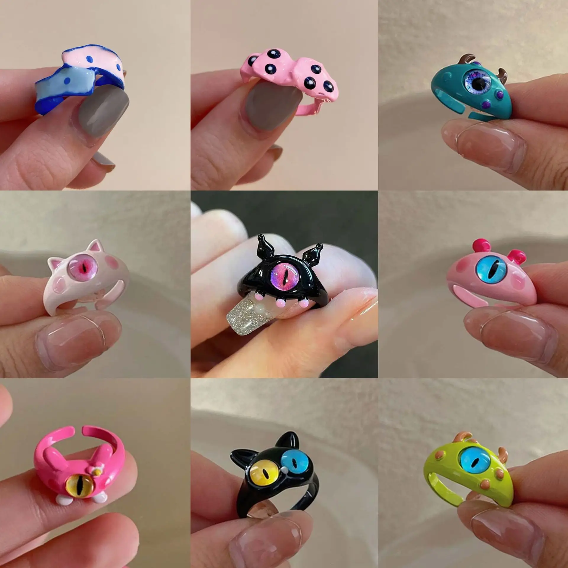 Harajuku Punk Cartoon Alloy Colorful Funny One Eye Anime Open Ring for Women Sweet Cool Grunge Special Trendy Hiphop Accessories