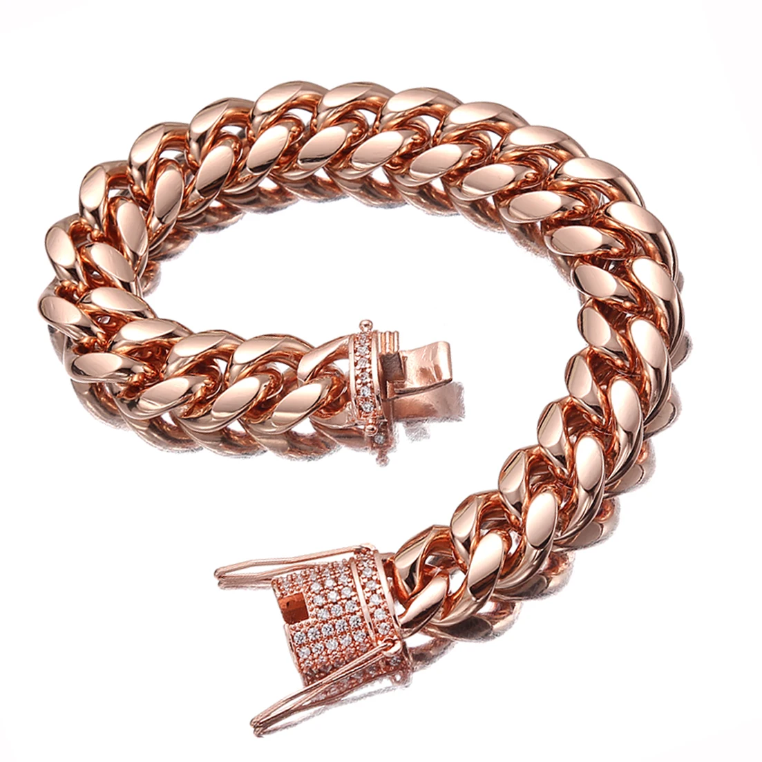 Granny Chic Stainless Steel Rose Gold Tone Women Men's Miami Cuban Link Chain Bracelet with CZ Lock 10mm/14mm Width