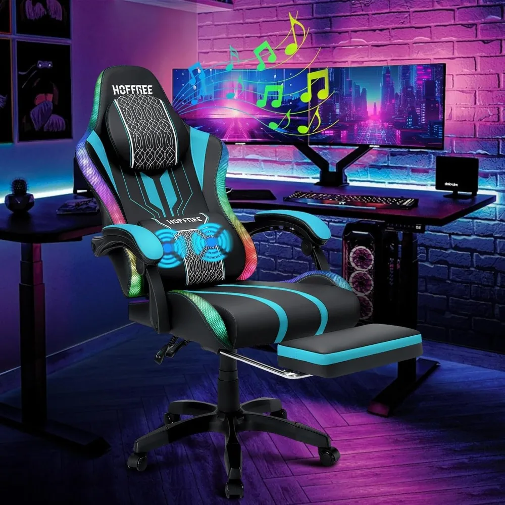 

LED Gaming Chair with Speakers Massage Big and Tall Computer Gaming Chairs Ergonomic Reclining Heavy Duty Game Chair