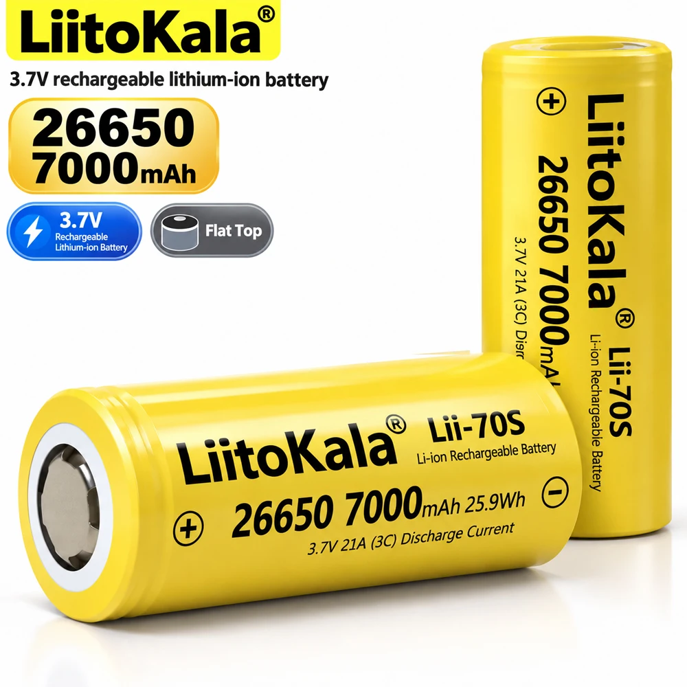 26650 7000mAh 3,7V Wiederaufladbare Li-Ionen-Batterie Lii-70S Flachkopf Hohe Kapazität 35A Hochstromzelle für Taschenlampen, Elektrowerkzeuge, DIY