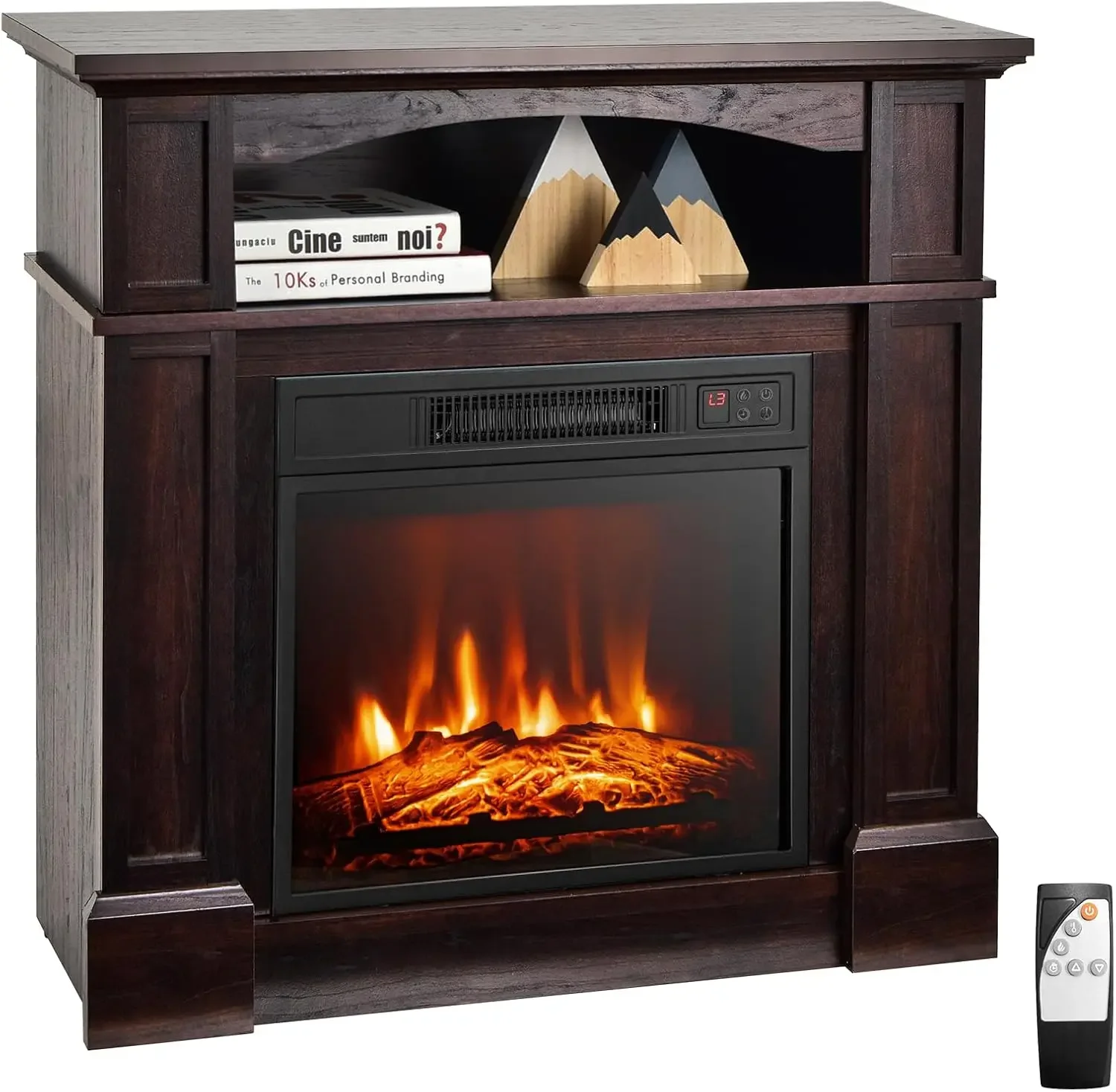 32" Electric Fireplace with Mantel, 1400W Freestanding Heater with Remote Control & Adjustable Brightness, Multifunctio