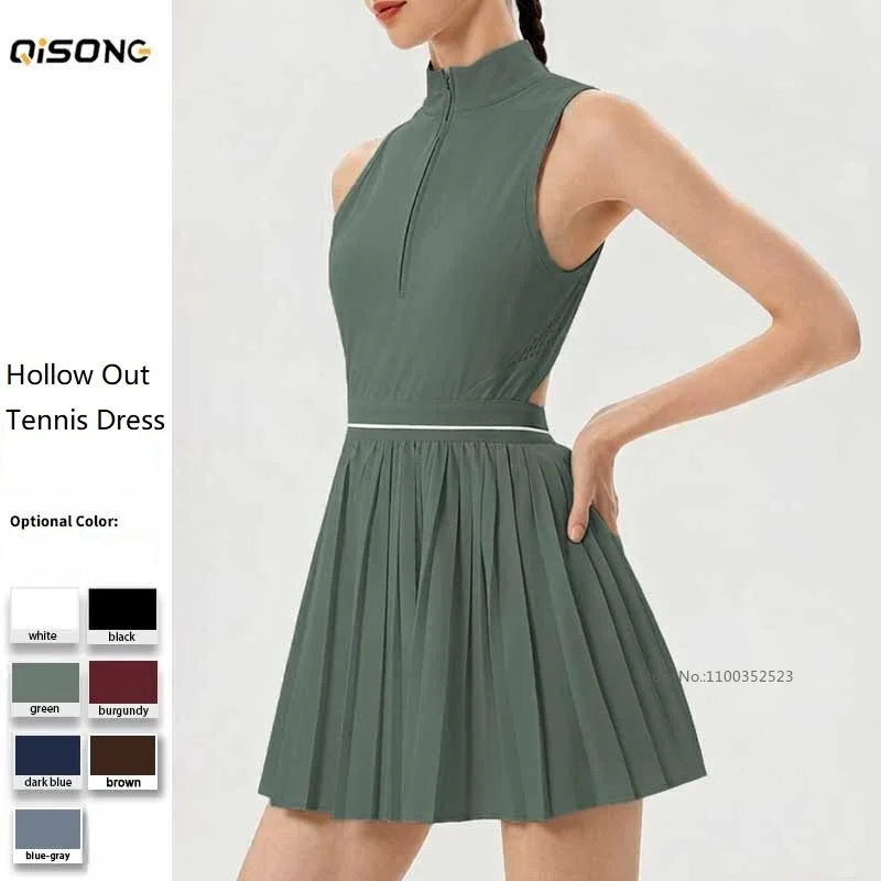 Women Sleeveless Zipper Tennis Sports Dress Hollow Out Backless Yoga Golf Dress with Bra and Short Fitness Slim Pleated Skirt