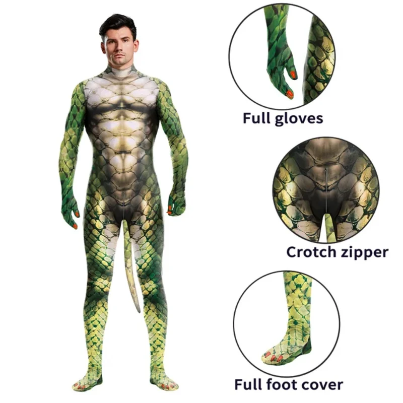 

Мужской костюм змеи для косплея с собачьим хвостом, боди зентай с принтом животных, мужской сексуальный комбинезон, наряд для вечеринки на Хэллоуин