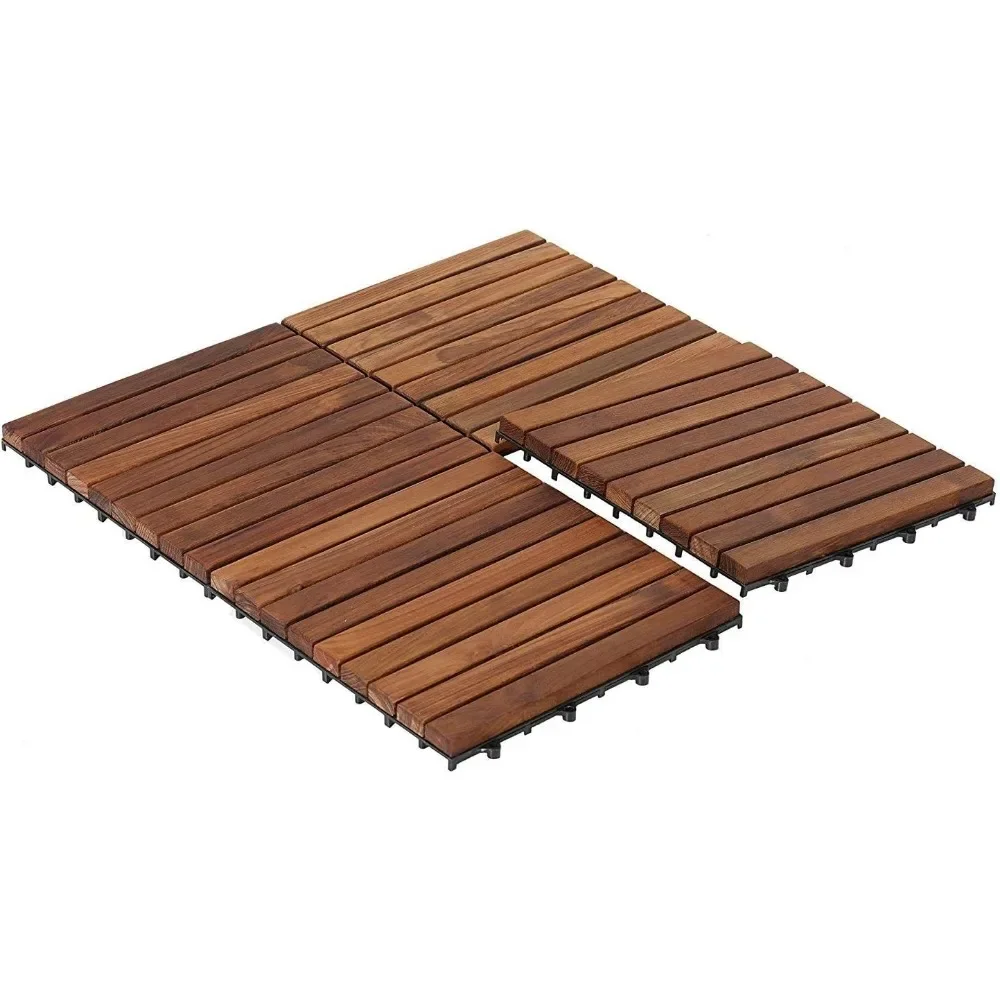 EZ-Floor Interlocking Flooring Tiles in Solid Teak Wood Oiled Finish (Set of 10) Long 9 Slat Veranda Tile Outdoor Terrace Slab