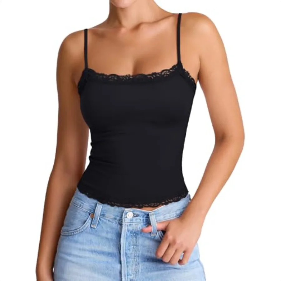 

PINKMSTYLE Women's Sexy Square Neck Lace Cami Tank Tops Fitted Double Lined Sleevel Crop Spaghetti Strap Summer Y2k Tops