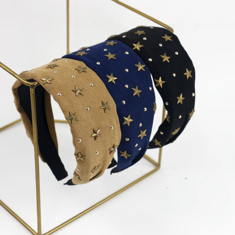 

Ретро-повязка для волос в стиле Hot Girl с заклепками, широкая, французская, женская, аксессуар для волос, обруч, заколка, головной убор