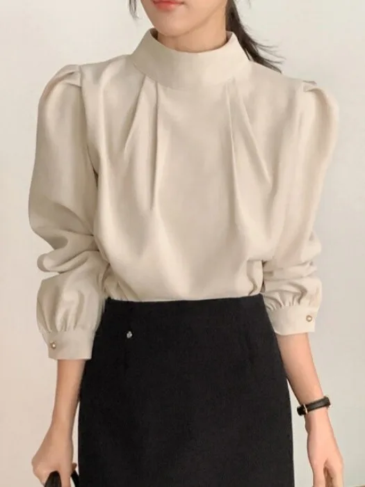 Ele Korean Sle Damska bluzka z długim rękawem, stójką, delikatnie plisowana, uniwersalna, codzienna, modna na wiosnę, lato i jesień.