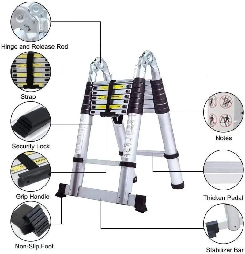 Imagem -02 - Escada Telescópica Dobrável de 1.9m Mais 1.9m Estende com Segurança a Escada de Espinha de Peixe Que Economiza Espaço Escadas Retas Engrossadas Escadas de Alumínio a