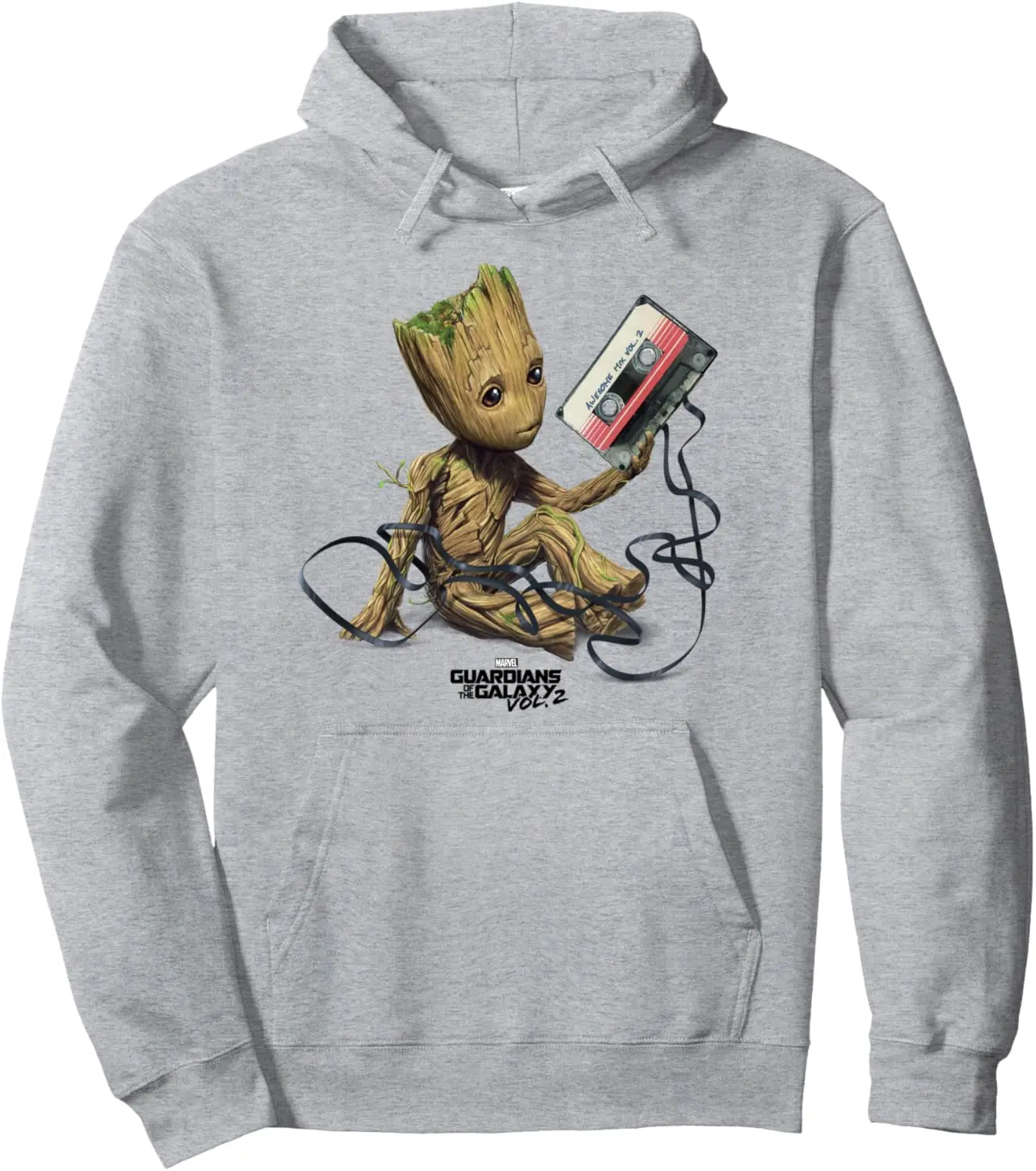 Mens Cotton Fleece Hoodie with Galactic Guardian Print Featuring Small Tree Creature Holding Retro Music Tape in Gray Base