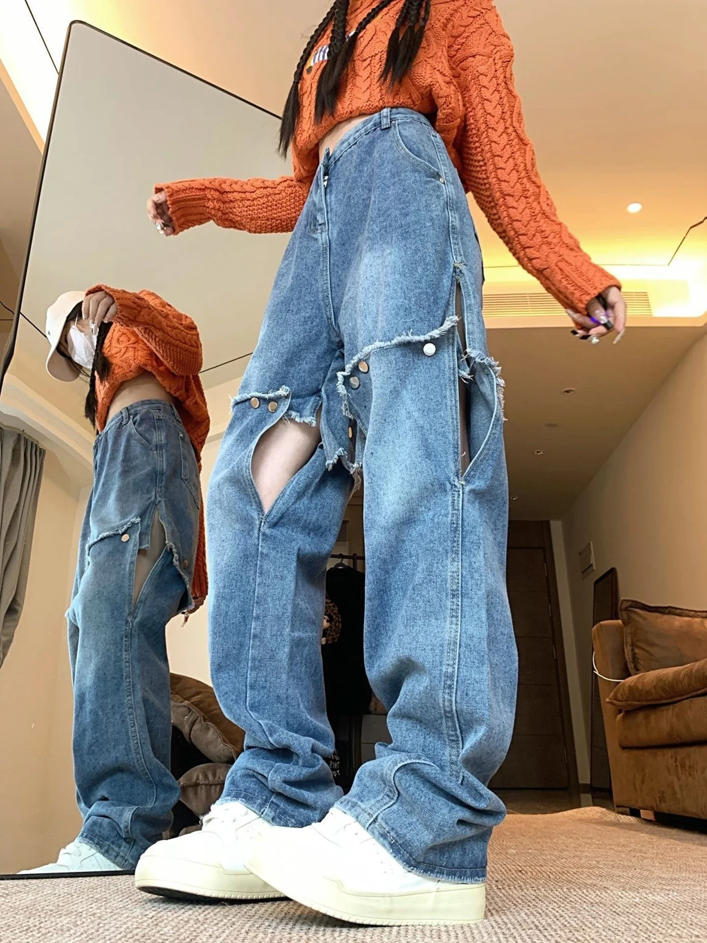 American Style Retro Detachable Sequin Design Personalized Button Splicing Adjustable Women's Straight Leg Wide Leg Jeans