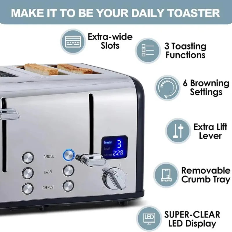 Display Smart Light Emitting Diode Preserve Kitchen Home Timed Multifunction Toaster