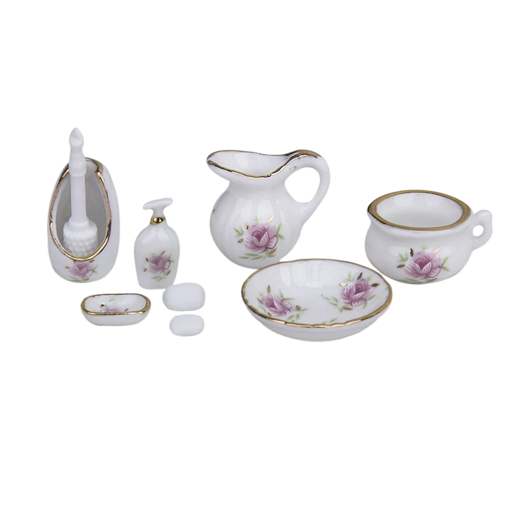 8 peças 1/12 casa de bonecas em miniatura acessório de banheiro produtos de higiene pessoal rosa floral cerâmica